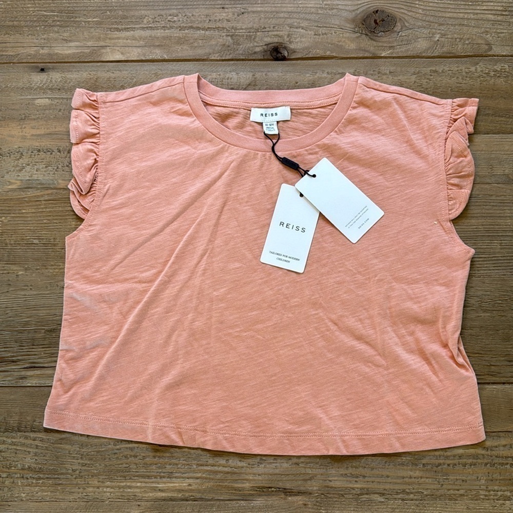Reiss Girls Ruffle Sleeve Crop Tee. 2 Pack. Cream and Peach NWT Size 11/12 - Picture 2 of 4